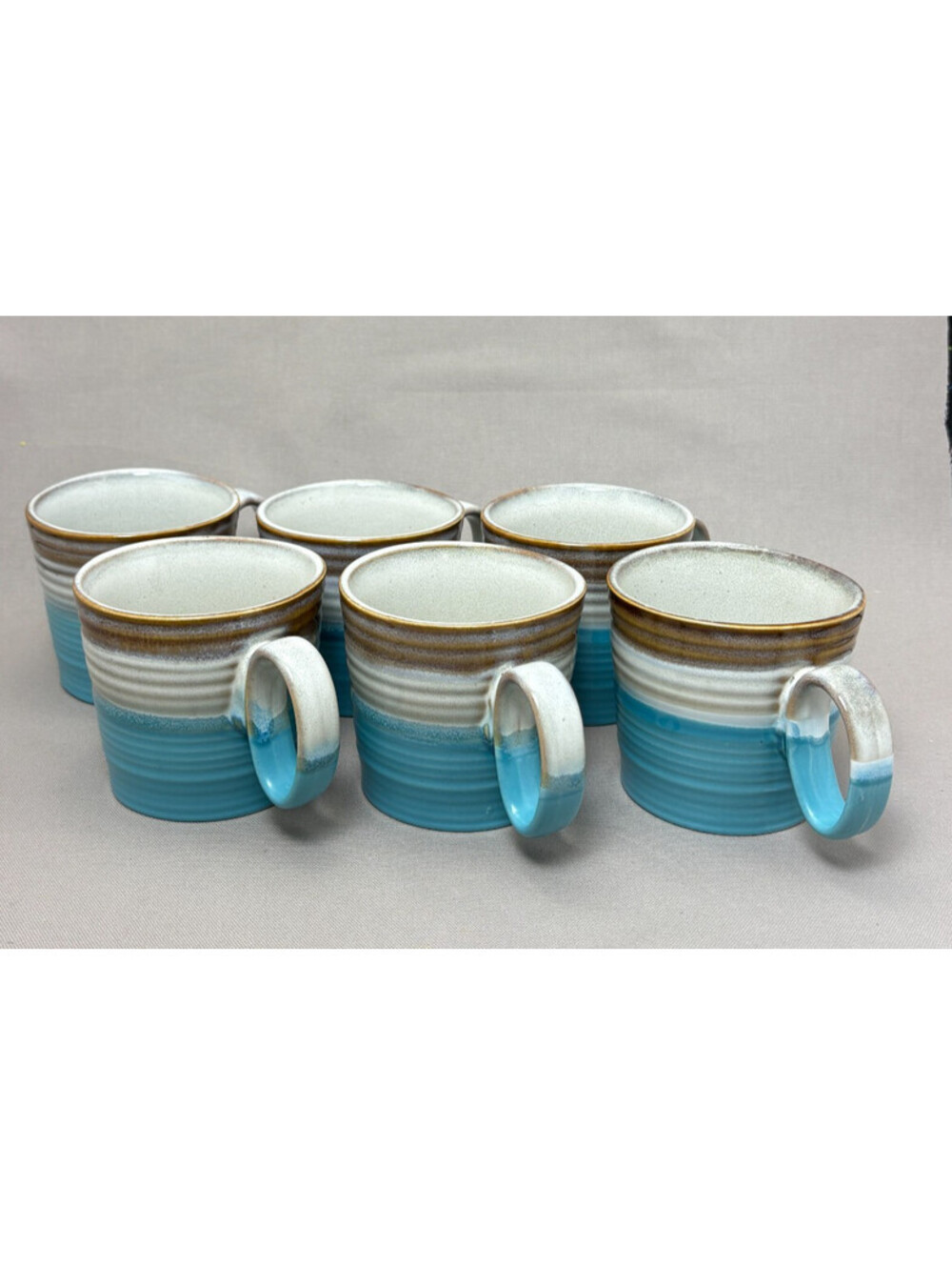 Roscher Stoneware Coffee Mugs Set of 6 Turquoise Blue Brown Dip Glaze Ribbed Cup